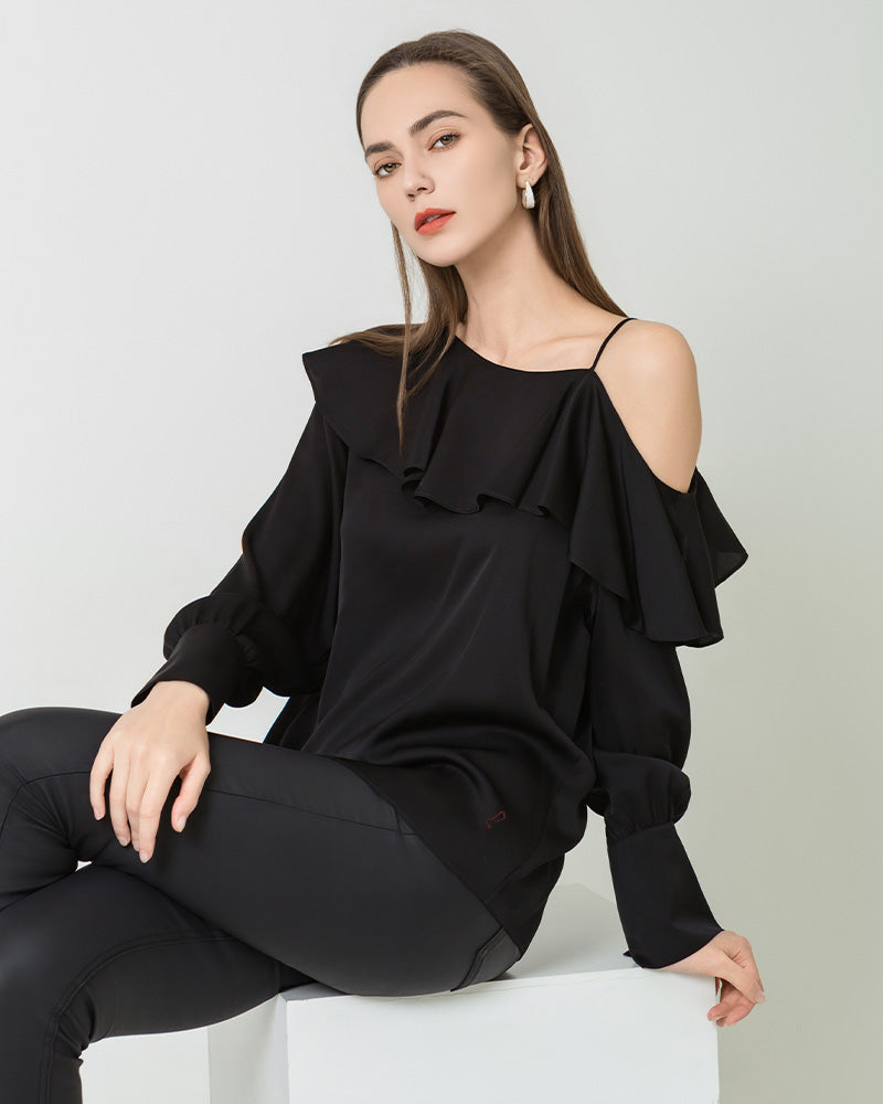 Chemise en Soie à Manches Longues et Volant sur Une Épaule