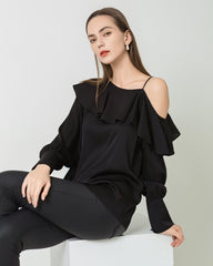 Chemise en Soie à Manches Longues et Volant sur Une Épaule