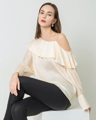 Chemise en Soie à Manches Longues et Volant sur Une Épaule