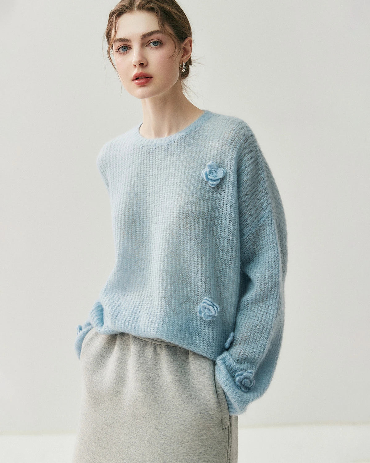 Pull oversize en soie et cachemire fleuri