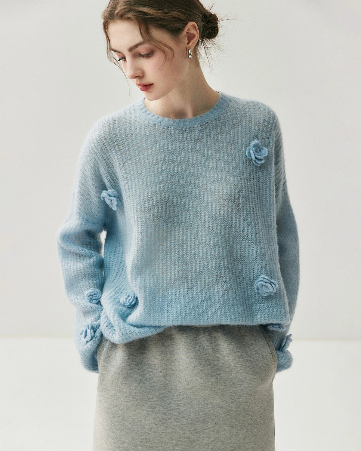 Pull oversize en soie et cachemire fleuri