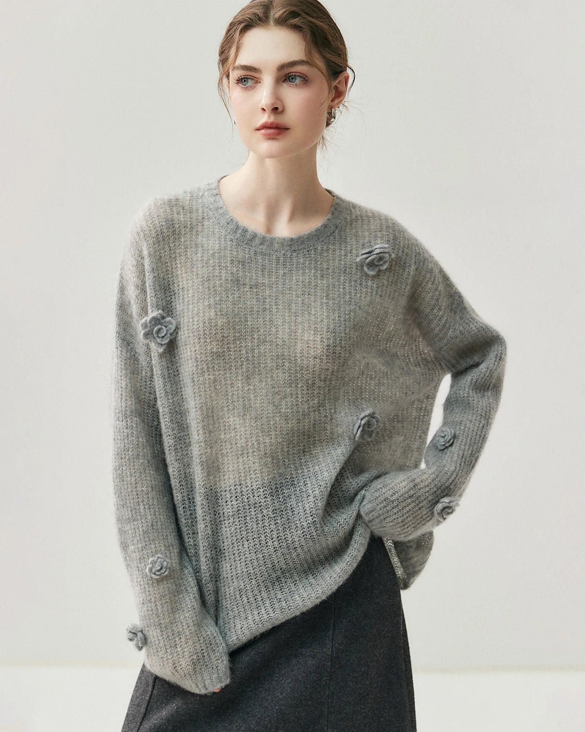 Pull oversize en soie et cachemire fleuri