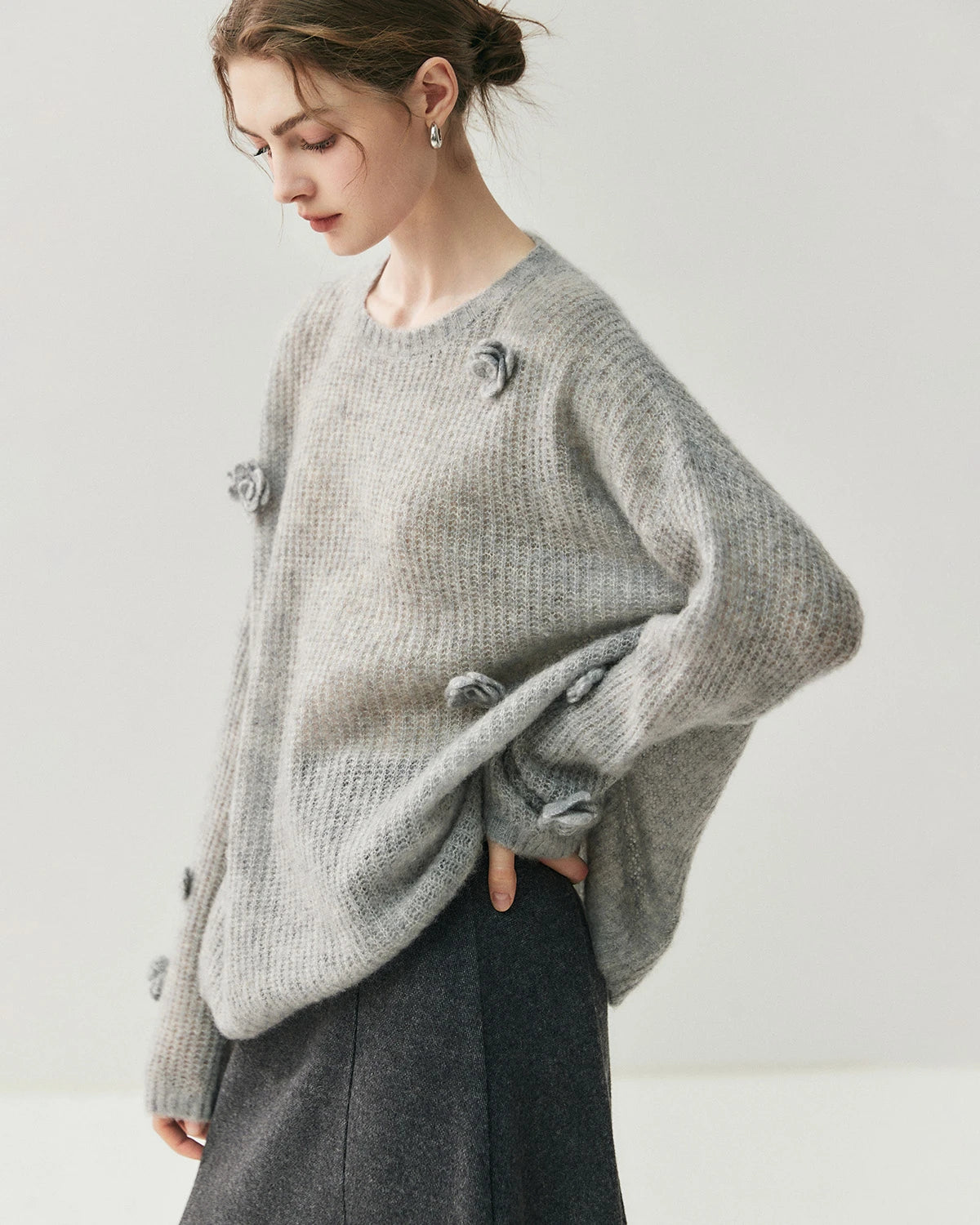 Pull oversize en soie et cachemire fleuri