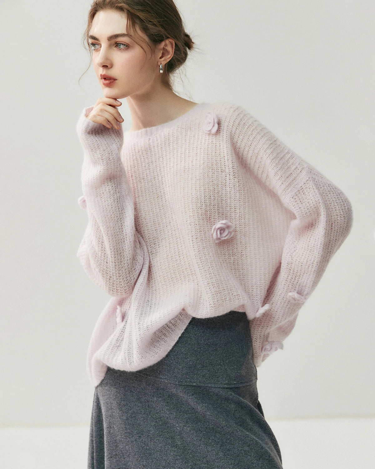 Pull oversize en soie et cachemire fleuri