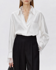 Chemise en soie oversize 22 momme avec bordure en dentelle