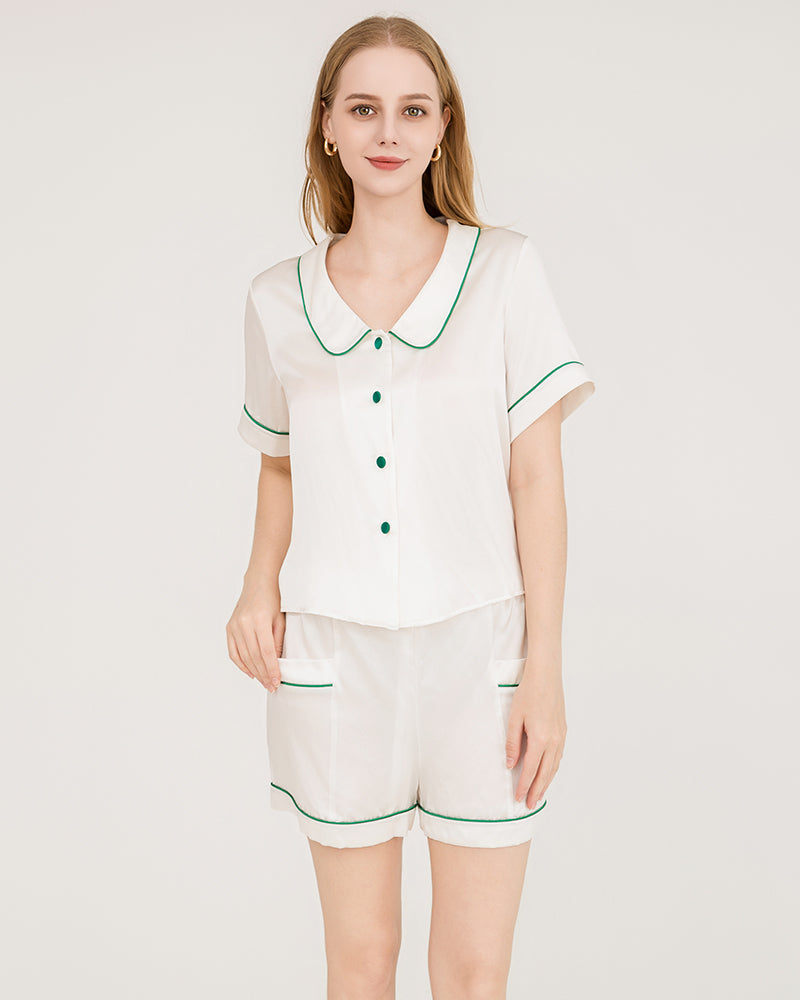 Ensemble Pyjama Court en Soie avec Bordure Contrastée