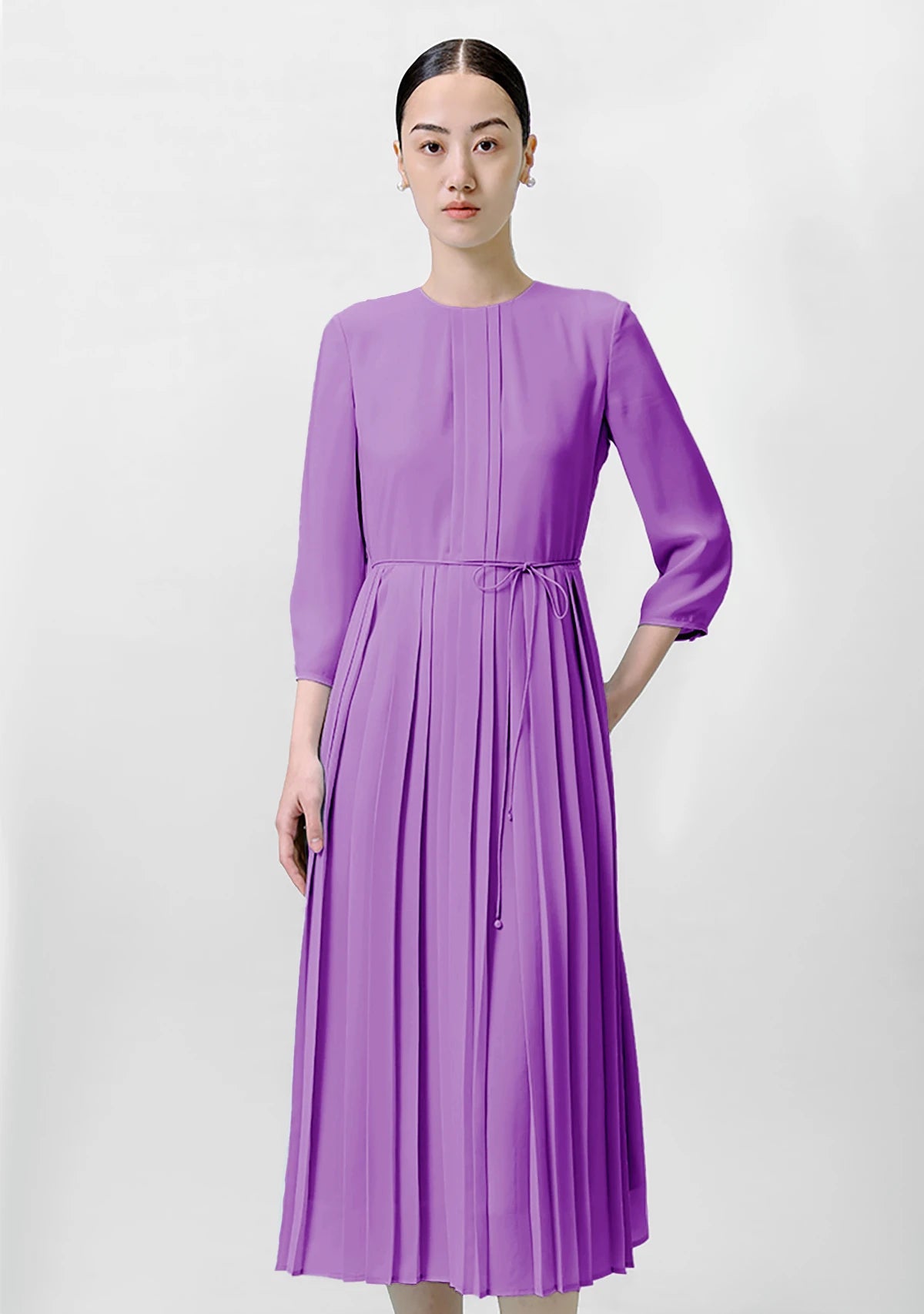 Robe en Soie Plissée à Manches 3/4