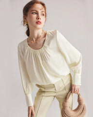 Blouse en Soie à Col Rond Plissé