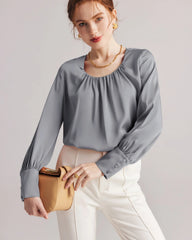 Blouse en Soie à Col Rond Plissé