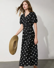 Noir Robe en soie à pois – Manches courtes