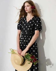 Noir Robe en soie à pois – Manches courtes