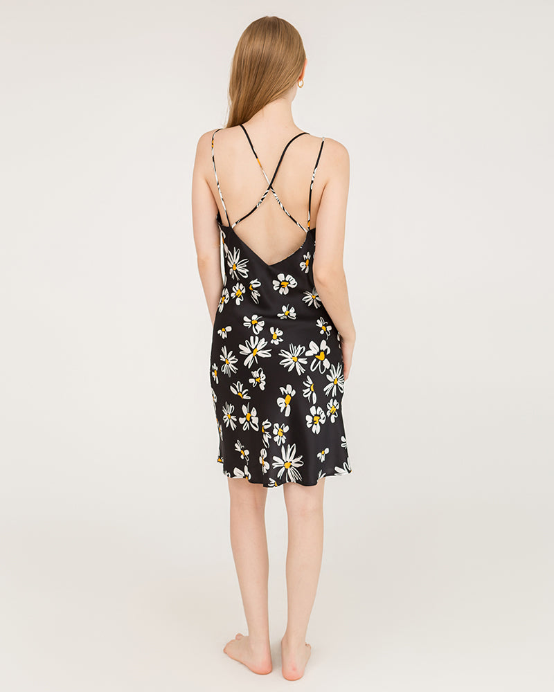 Robe Midi en Soie 100% Imprimé Marguerites avec Dos Croisé