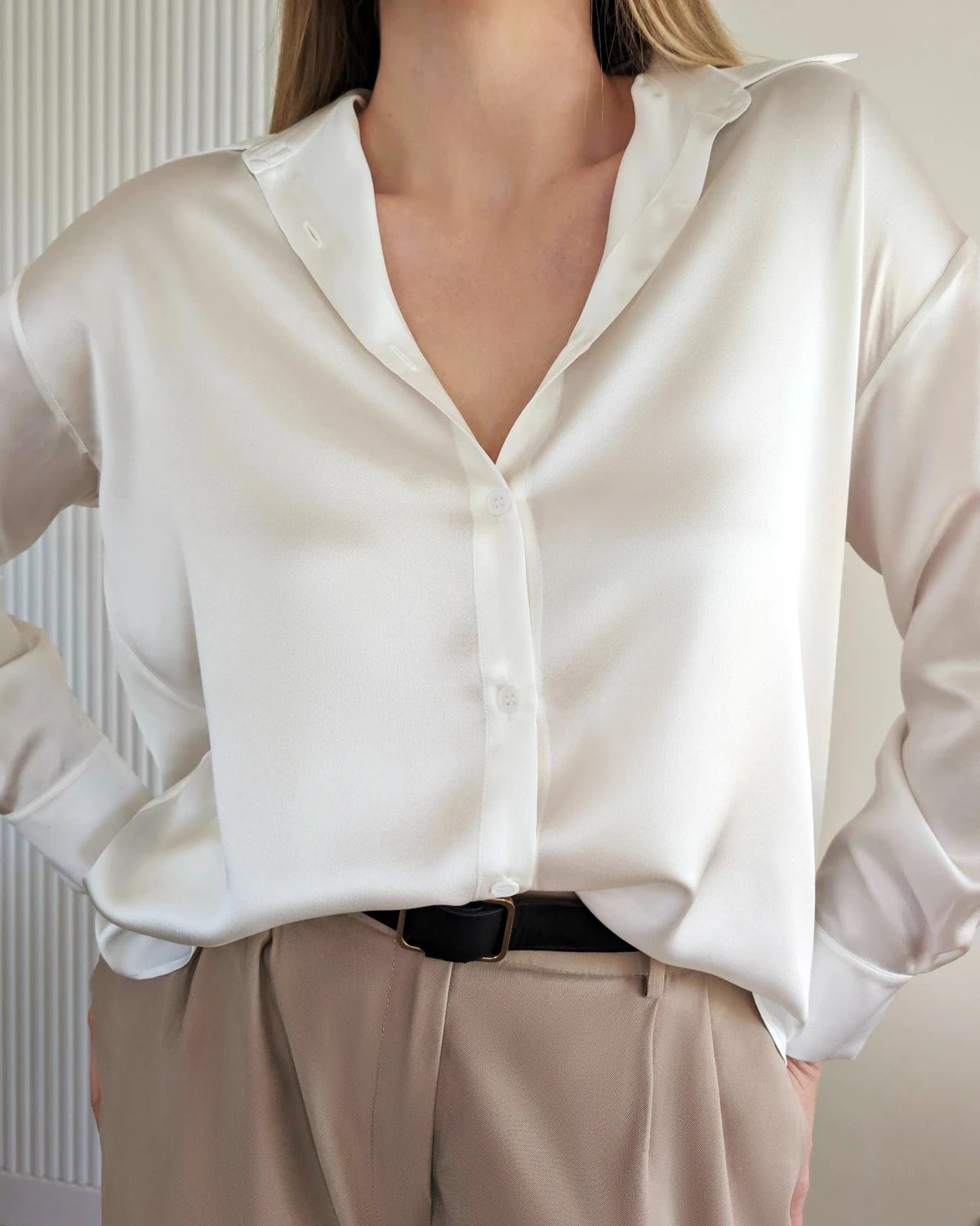 Chemise en Soie Oversize à Manches Longues à Col pour Femme