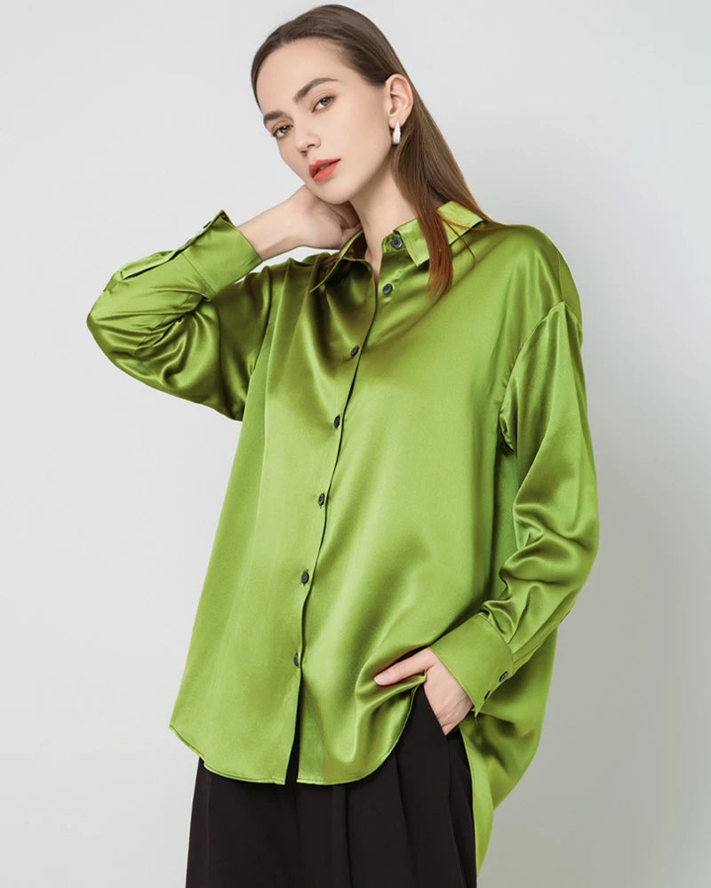 Chemise en Soie Oversize à Manches Longues à Col pour Femme