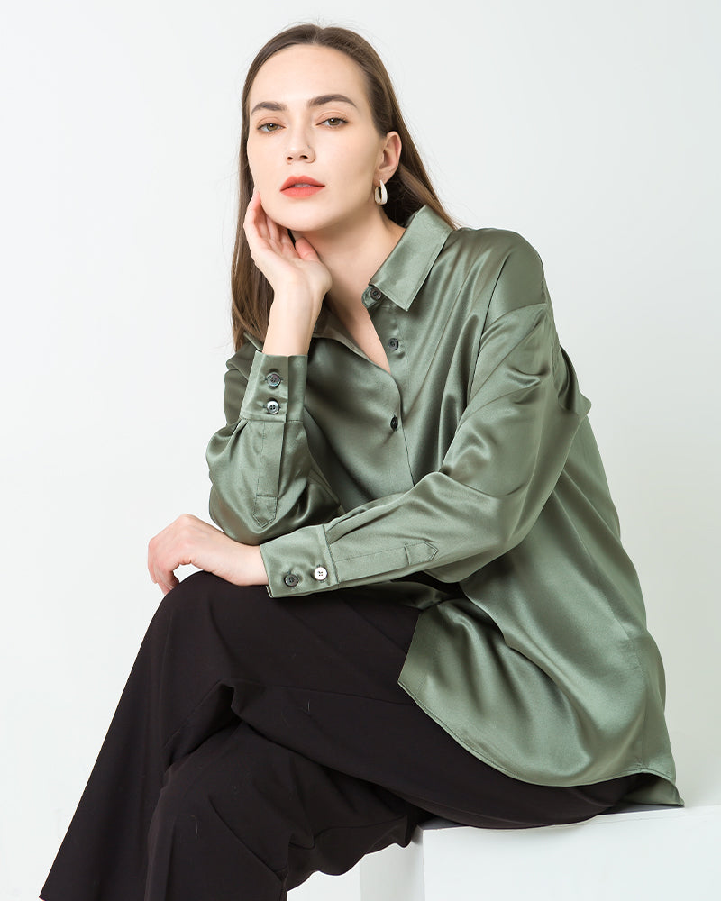 Chemise en Soie Oversize à Manches Longues à Col pour Femme