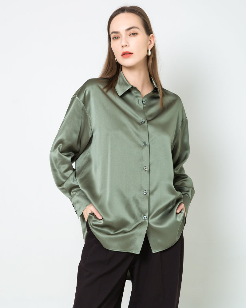 Chemise en Soie Oversize à Manches Longues à Col pour Femme