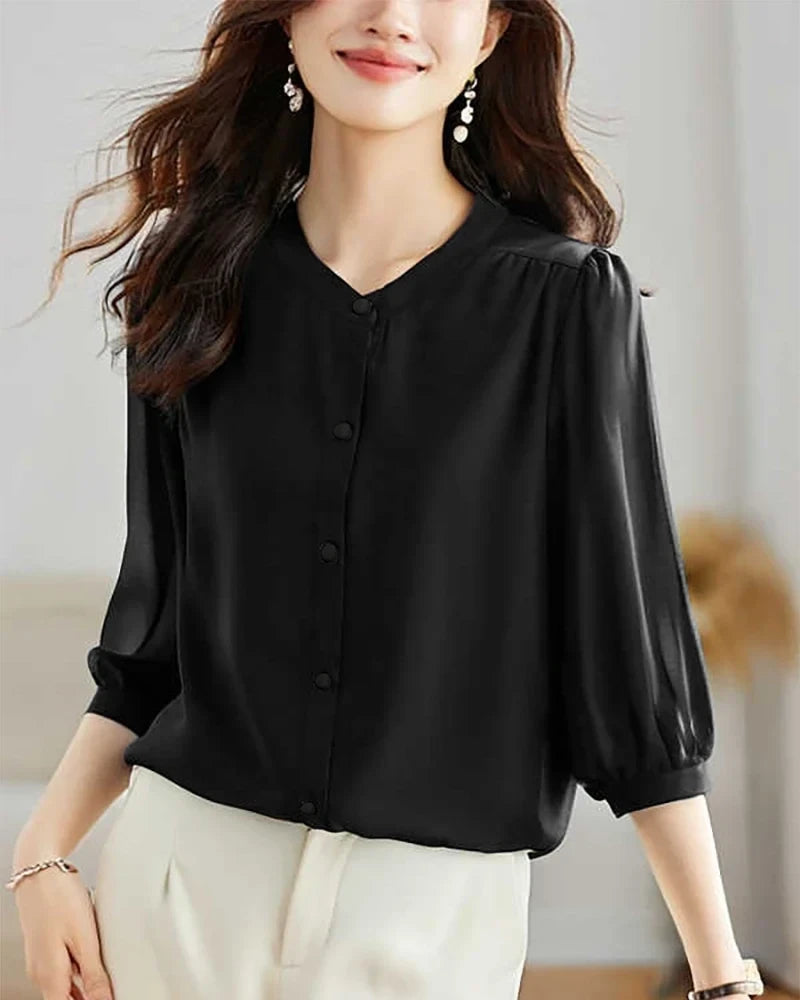 Blouse en soie à col rond et manches 3/4