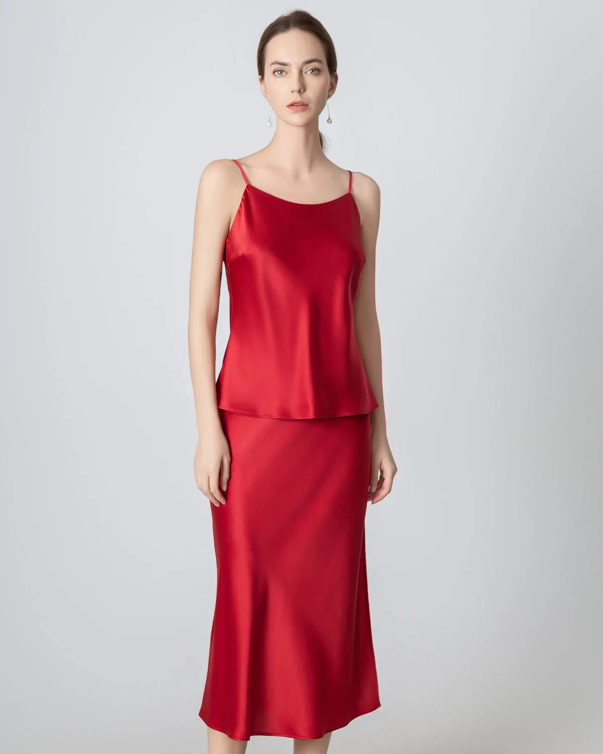 Ensemble en Soie à Décolleté Rond et Jupe Midi en Soie
