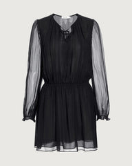 Robe mini en soie à manches transparentes et col lavallière