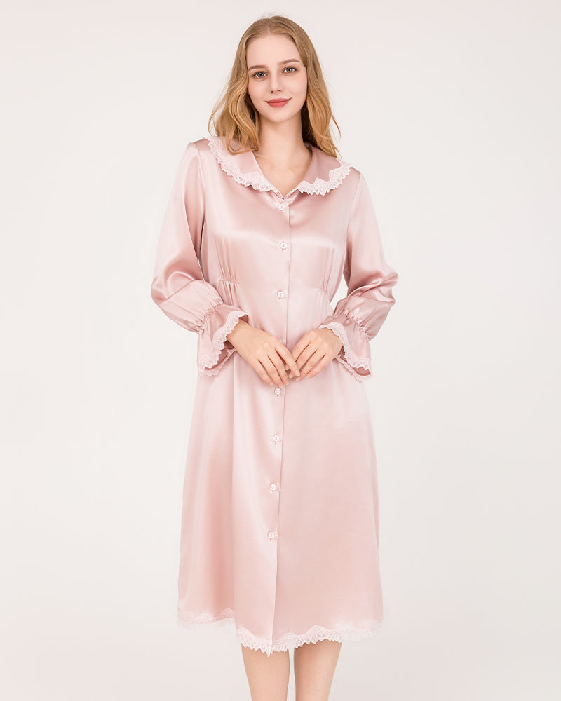 Robe de Nuit en Soie 22 Momme à Manches Longues avec Volants en Dentelle