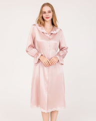 Robe de Nuit en Soie 22 Momme à Manches Longues avec Volants en Dentelle