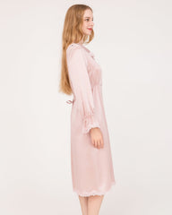 Robe de Nuit en Soie 22 Momme à Manches Longues avec Volants en Dentelle