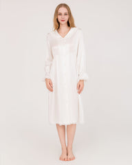 Robe de Nuit en Soie 22 Momme à Manches Longues avec Volants en Dentelle