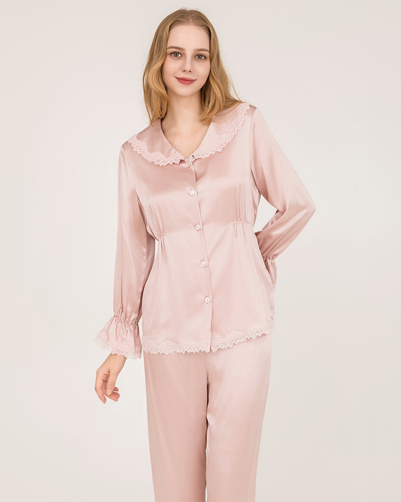 Ensemble de Pyjama en Soie 22 Momme avec Poignets en Dentelle Volants