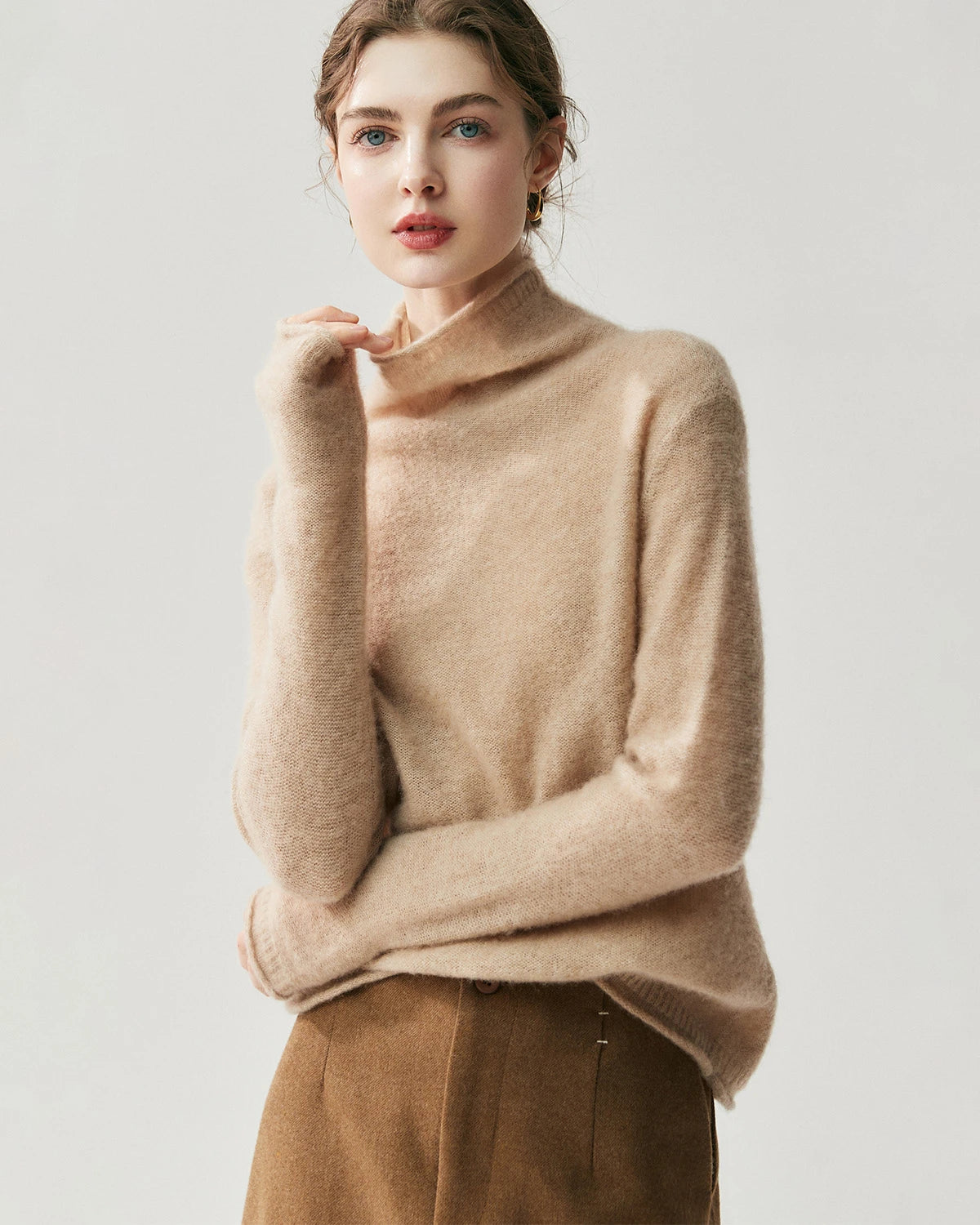Pull col roulé manches longues en soie et cachemire