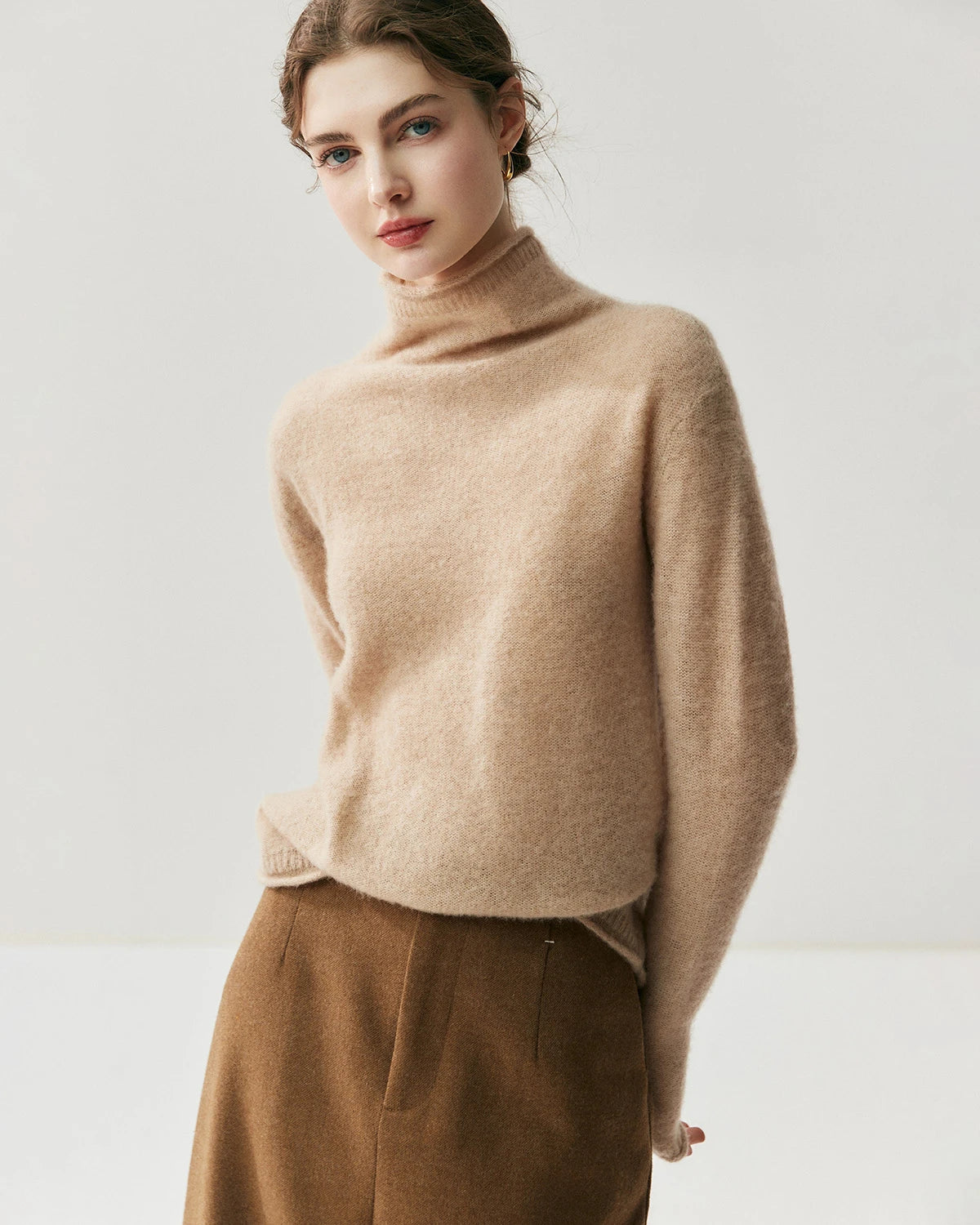 Pull col roulé manches longues en soie et cachemire