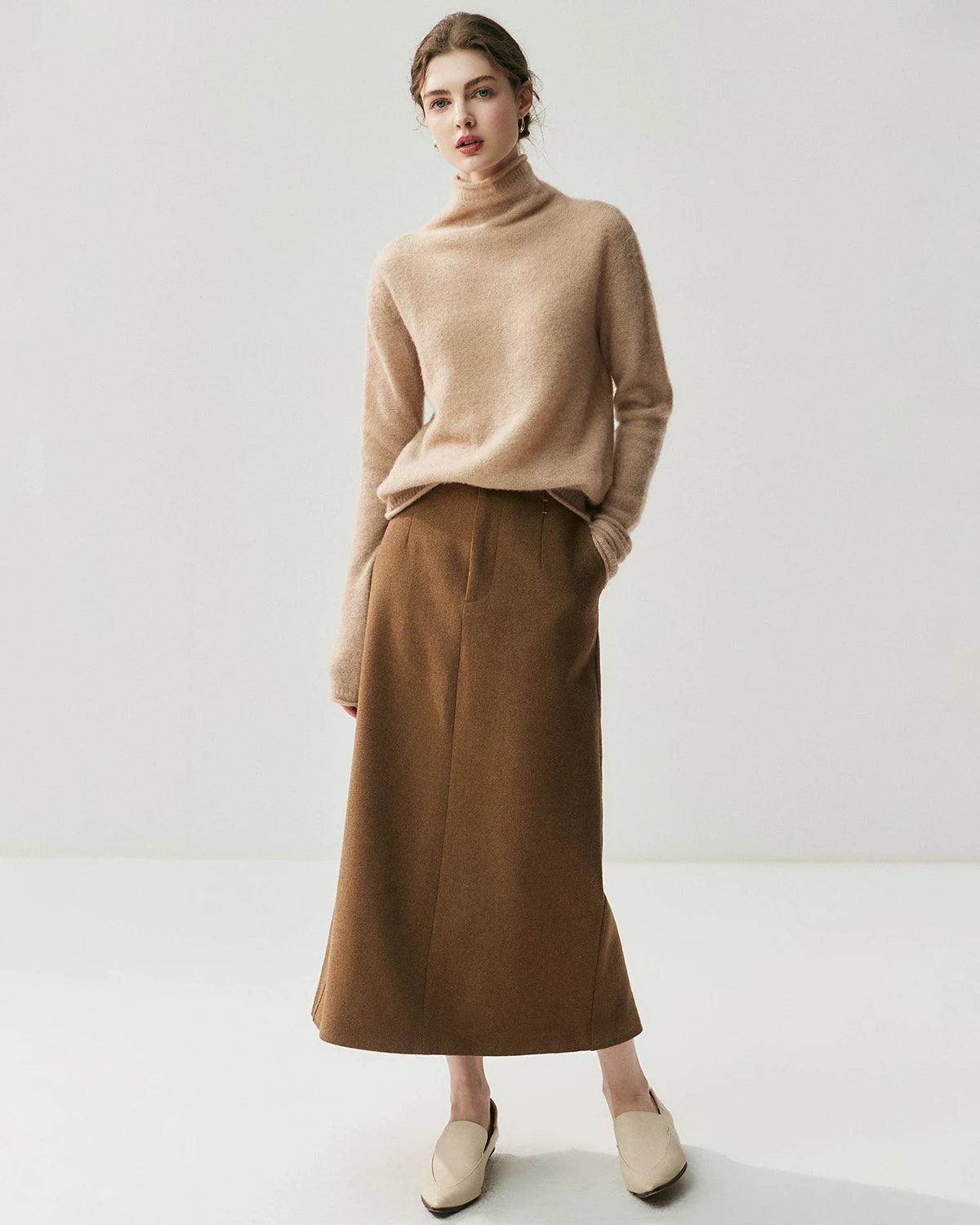 Pull col roulé manches longues en soie et cachemire