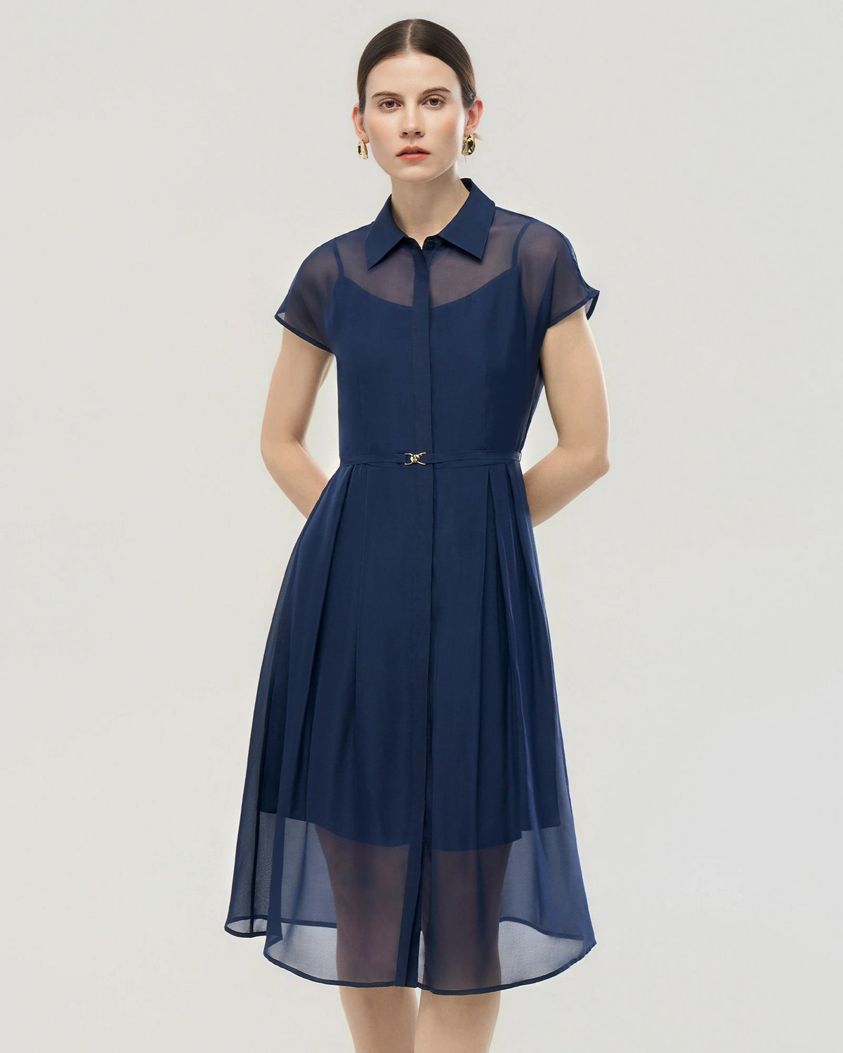 Robe chemise en mousseline de soie avec ceinture, coupe trapèze