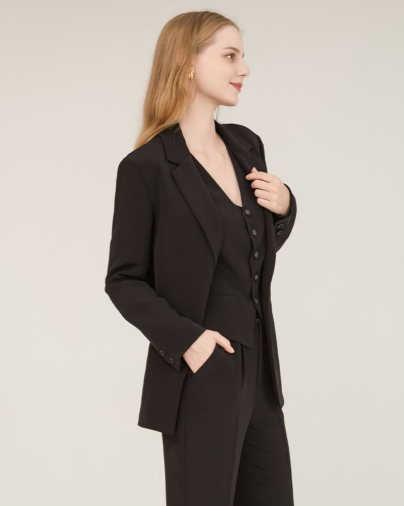 Blazer en Soie à Col Piqué 40 Momme Black