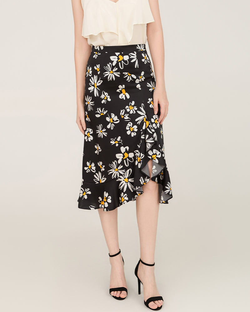 Jupe Midi en Soie 100% à Ourlet Asymétrique avec Imprimé Marguerites