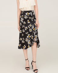 Jupe Midi en Soie 100% à Ourlet Asymétrique avec Imprimé Marguerites