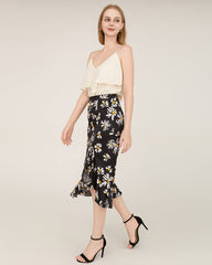 Jupe Midi en Soie 100% à Ourlet Asymétrique avec Imprimé Marguerites