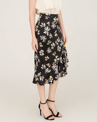 Jupe Midi en Soie 100% à Ourlet Asymétrique avec Imprimé Marguerites