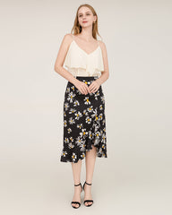 Jupe Midi en Soie 100% à Ourlet Asymétrique avec Imprimé Marguerites