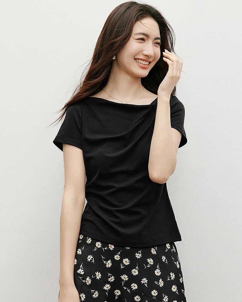 T-shirt en soie col drapé – Femme