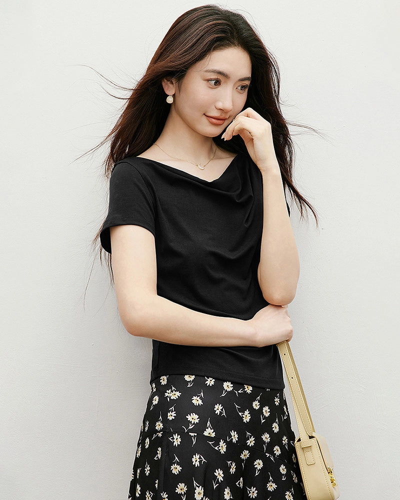T-shirt en soie col drapé – Femme