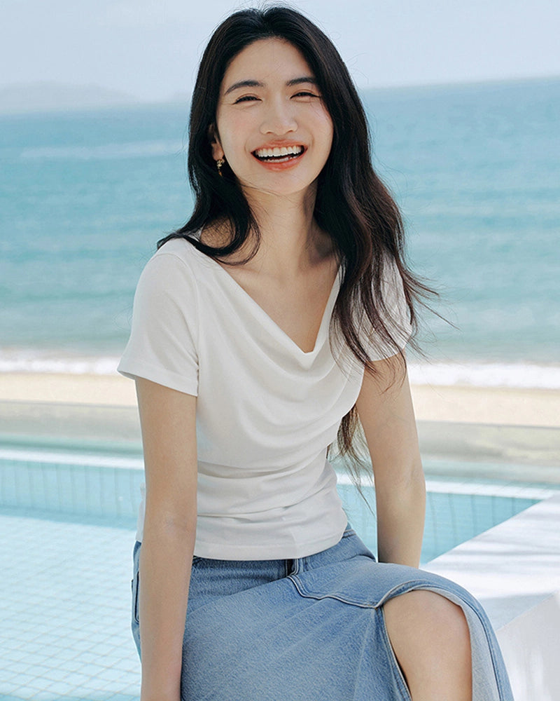 T-shirt en soie col drapé – Femme