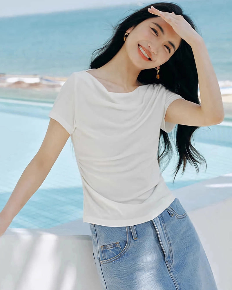 T-shirt en soie col drapé – Femme