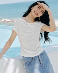 T-shirt en soie col drapé – Femme