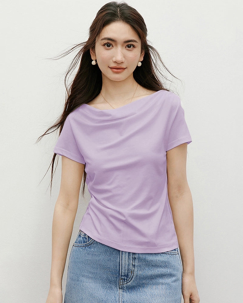 T-shirt en soie col drapé – Femme