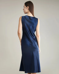 Robe en Soie avec Col Bénitier Asymétrique Navy