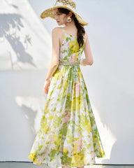 Robe midi sans manches en soie à motif floral