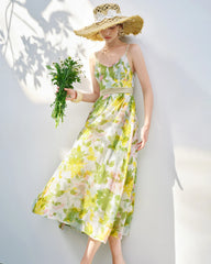 Robe midi sans manches en soie à motif floral
