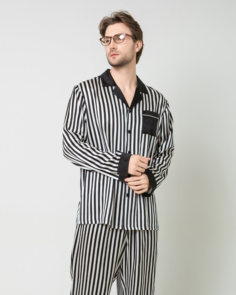 Ensemble de Pyjama en Soie pour Homme à Rayures Noires et Blanches