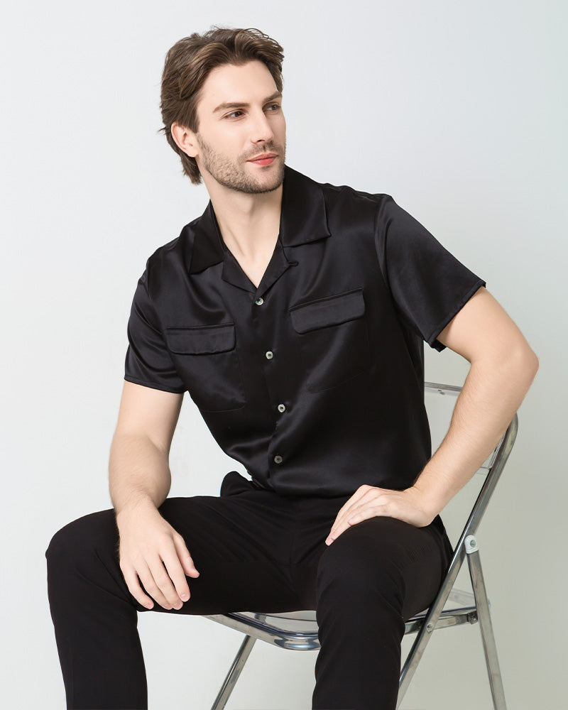 Chemise en Soie Homme à Manches Courtes avec Deux Poches