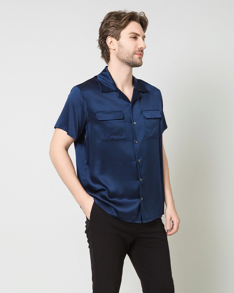 Chemise en Soie Homme à Manches Courtes avec Deux Poches